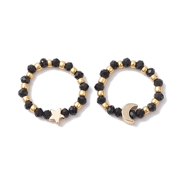 Glass Stretch Rings with Golden Plated Star & Moon Brass Beads, Black, 3.5mm, Inner Diameter: US Size 8 1/2(18.5mm)