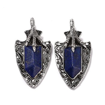 Natural Lapis Lazuli Faceted Big Pendants, Dragon Claw with Arrow Charms, with Antique Silver Plated Alloy Findings, 55x27.5x10.5mm, Hole: 6mm