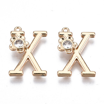 Brass Pendants, with Rhinestones, Alphabet, Golden, Letter.X, 18x12x2.5mm, Hole: 1mm