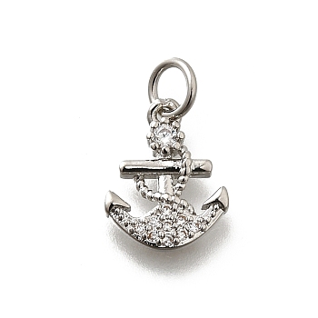 Brass Micro Pave Cubic Zirconia Charms, Anchor Charms, Lead Free & Cadmium Free, Long-Lasting Plated, Rack Plating, with Jump Ring, Platinum, 12.5x9.5x2mm, Hole: 3mm