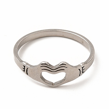 304 Stainless Steel Hollow Out Heart Hand Finger Ring for Women, Stainless Steel Color, Inner Diameter: 18mm