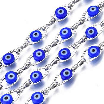 304 Stainless Steel Textured Oval Cable Chains, with Enamel Evil Eye Beads, with Spool, Unwelded, Stainless Steel Color, Blue, 11x5.5x3mm, 7.5x3x1mm, about 32.81 Feet(10m)/Roll
