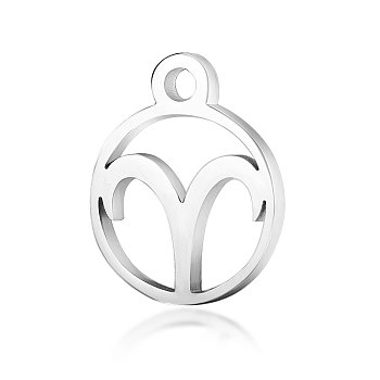 201 Stainless Steel Charms, Flat Round with Constellation, Stainless Steel Color, Aries, 13.4x10.8x1mm, Hole: 1.5mm