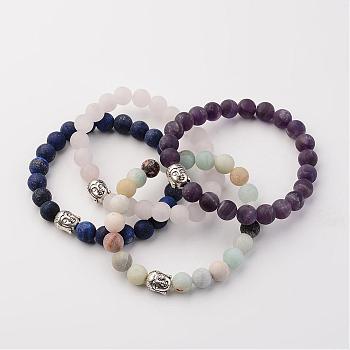 Natural Gemstone Beads Stretch Bracelets, Buddha Head, with Tibetan Style Alloy Bead, Frosted, 55mm(2-1/8 inch)