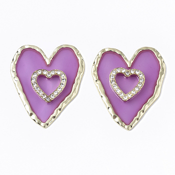 Epoxy Resin Cabochons, with Crystal Rhinestone and Light Gold Plated Alloy Open Back Bezel, Heart, Violet, 36.5x31x4mm