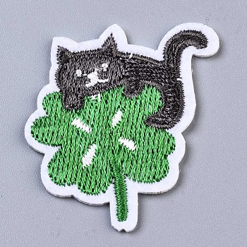 Cat with Clover Appliques, Computerized Embroidery Cloth Iron on/Sew on Patches, Costume Accessories, Green, 44.5x38.5x1mm