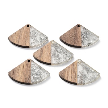 Wood and Resin Pendants, with Gold Foil or Silver Foil, Fan Shaped, Silver, 26x38x3.7mm, Hole: 2mm