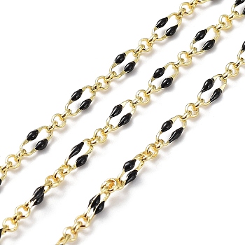 Enamel Oval Link Chains, with Real 18K Gold Plated Brass Findings, Soldered, with Spool, Black, 4x7x1mm