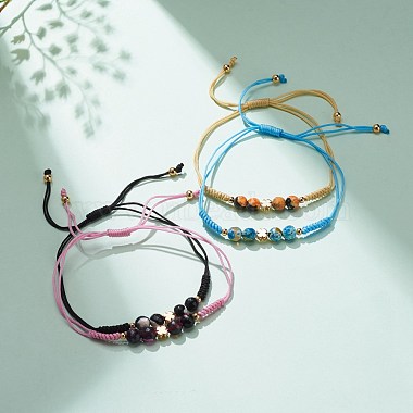 Natural Agate & Brass Clover Beaded Cord Bracelet(BJEW-JB08366)-2