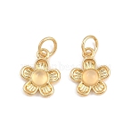 Natural White Jade Flower Charms, with Brass Settings, Rack Plating, Cadmium Free & Lead Free, Long-Lasting Plated, Real 18K Gold Plated, with Jump Rings, 12x10x3.5mm, Hole: 4.5mm(KK-B157-18G-02)