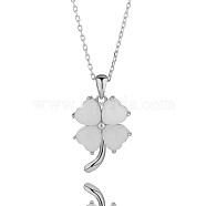 Natural Hetian White Jade Clover Pendant Necklace, Rhodium Plated 925 Sterling Silver Jewelry for Women, Platinum, 15.75 inch(40cm)(JN1078A)