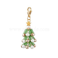 Christmas Tree Glass & Shell Pearl Pendant Decorations, Lobster Claw Clasps Charm for Bag Key Chain Ornaments, Green, 48mm(HJEW-TA00182-01)