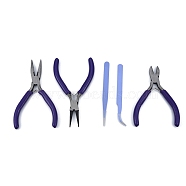 45# Steel Pliers & Tweezers Set, with Plastic Handles, including Side Cutter Pliers, Round Nose Plier, Needle Nose Wire Cutter Plier, Straight & Bent Tip Tweezers, Purple, 10.8~12.3x0.9~8x0.3~0.95cm, 5pcs/set(TOOL-D059-07P-01)