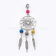 Dyed Natural Lava Rock Big Pendants, with Tibetan Style Alloy Findings and 304 Stainless Steel Lobster Claw Clasps, Woven Net/Web with Feather, Antique Silver & Stainless Steel Color, Colorful, 90mm, Pendant: 80x29x6mm(HJEW-JM00342-06)