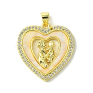 Mother's Day Real 18K Gold Plated Brass Micro Pave Clear Cubic Zirconia Pendants, with Shell, Real 18K Gold Plated, Heart, 26.5x25x3.5mm, Hole: 3.5x4.5mm(KK-H472-13G-07)