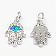 Brass Micro Pave Cubic Zirconia Charms, with Synthetic Opal, Hamsa Hand/Hand of Fatima/Hand of Miriam with Horse Eye, Platinum, 14.5x10x1.5mm, Hole: 4mm(ZIRC-G062-02P)