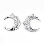 201 Stainless Steel Pendants, Moon with Flower, Stainless Steel Color, 30x26.5x3mm, Hole: 2mm(STAS-N098-066P)