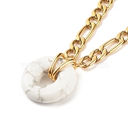 Natural Howlite Donut Pendant Necklace, Gemstone Necklace with 304 Stainless Steel Figaro Chain for Women, Golden, 15.87 inch(40.3cm)(NJEW-JN03815-05)