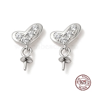 Rhodium Plated 925 Sterling Silver Stud Earring Findings, Heart Dangle Earrings, with Cubic Zirconia, for Half Drilled Beads, Real Platinum Plated, 10x7.5x2mm, Pin: 0.6mm(STER-M114-16P)