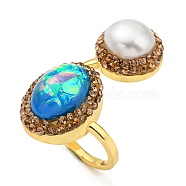 Resin Oval & Imitation Pearl Open Cuff Ring with Rhinestone, Brass Ring for Women, Golden, Inner Diameter: 18mm(RJEW-D005-10G)