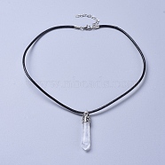 Pointed Natural Quartz Crystal Pendant Necklaces, with Brass Findings, Cowhide Leather Cord and 304 Stainless Steel Lobster Claw Clasps, Bullet, 18.03 inch(45.8cm)(NJEW-JN02550-05)