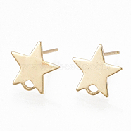 Brass Stud Earring Findings, with Loop and Flat Plate, Star, Real 18K Gold Plated, 11x11.5mm, Hole: 1.2mm, Pin: 0.7mm(KK-S348-352)