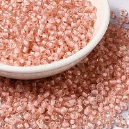 8/0 Transparent Glass Seed Beads, Inside Colours, Round Hole, Round, Pink, 3~3.5x2mm, Hole: 1~1.2mm, about 450g/bag(SEED-F003-03B-15)