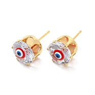 Glass Flat Round with Enamel Evil Eye Stud Earrings, Real 18K Gold Plated Brass Jewelry for Women, Red, 12x11mm, Pin: 0.8mm(EJEW-P210-04G)