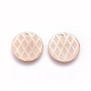 Ion Plating(IP) 304 Stainless Steel Charms, Textured, Flat Round with Grid Pattern, Rose Gold, 15x1mm, Hole: 1.2mm(STAS-E455-05RG-15mm)