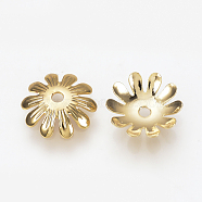 Brass Bead Caps, Nickel Free, Real 18K Gold Plated, Flower, 10x2.5mm, Hole: 1.5mm(KK-Q735-244G)
