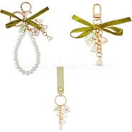 3Pcs 3 Style Alloy Enamel Sakura Pendant Keychain, Imitation Leather &  Plastic Imitation Pearl Beaded Wristlet Lanyard, Lily of the Vally Tassel Keychain, Light Gold, 92~168mm, 1pc/style(HJEW-CP0001-13)