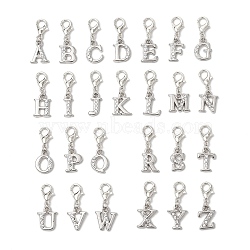 26Pcs Letter A~Z Alloy Rhinestone Pendant Decorations, Lobster Claw Clasps Charms for Bag Ornaments, Platinum, 26.5mm(HJEW-JM02651)