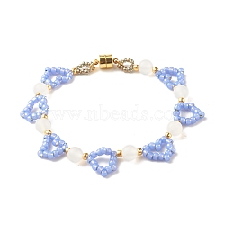 Glass Seed & Natural Agate Beaded Bracelet with Brass Magnetic Clasp, Heart Braided Bracelet for Women, Golden, Cornflower Blue, 7-1/2 inch(19cm)(BJEW-JB07803-03)