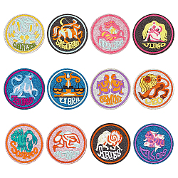 12Pcs 12 Style Constellation Theme Computerized Embroidery Iron on Cloth Patches, Costume Accessories, Sewing Craft Decoration, Mixed Color, 70mm, 1pc/style(ZODI-FG0001-01)