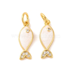 Rack Plating Brass Micro Pave Cubic Zirconia Pendants, with Enamel, Long-Lasting Plated, Fish, with Jump Ring, Real 18K Gold Plated, White, 15.5x5.5x2mm(KK-H486-14G-02)