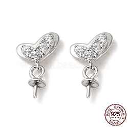 Rhodium Plated 925 Sterling Silver Stud Earring Findings, Heart Dangle Earrings, with Cubic Zirconia, for Half Drilled Beads, Real Platinum Plated, 10x7.5x2mm, Pin: 0.6mm(STER-M114-16P)