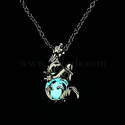 Luminous Alloy Locket Pendant Necklaces, Glow in the Dark, Mermaid, Deep Sky Blue, 18.42 inch(46.8cm)(NJEW-F284-06B)