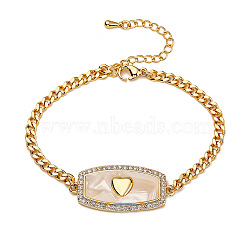 Brass Micro Pave Cubic Zirconia Link Bracelets, Curb Chains Bracelets for Women, with Shell, Rectangle with Heart, Real 18K Gold Plated, 6-3/4 inch(17cm)(PW-WG51589-01)