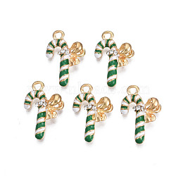 Rack Plating Alloy Enamel Pendants, with Crystal Rhinestone, Cadmium Free & Nickel Free & Lead Free, Light Gold, Christmas Candy Cane, Green, 22x14.5x5mm, Hole: 2mm(X-ENAM-N055-151A)