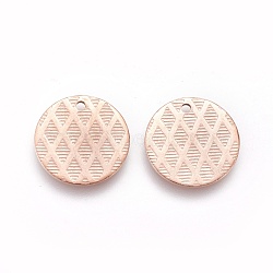 Ion Plating(IP) 304 Stainless Steel Charms, Textured, Flat Round with Grid Pattern, Rose Gold, 15x1mm, Hole: 1.2mm(STAS-E455-05RG-15mm)