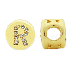 Brass Micro Pave Clear Cubic Zirconia Beads, Flat Round with Letter, Letter.R, 7.5x6.5mm, Hole: 3.5mm, 3pcs/bag(KK-T030-LA843-RX3)