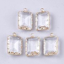 Glass Pendants, with Brass Findings, Faceted, Rectangle, Golden, Clear, 23x14x6.5mm, Hole: 2mm(GLAA-S130-22)