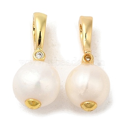 Rack Plating Brass Pendants, Natural Pearl
 with Cubic Zirconia, Lead Free & Cadmium Free, Long-Lasting Plated, Real 18K Gold Plated, 19x8.5mm, Hole: 4.5x3mm(KK-C030-04G)