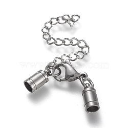 304 Stainless Steel Chain Extender, with Cord Ends, Curb Chains and Lobster Claw Clasps, Stainless Steel Color, 37mm long, Cord Ends: 10.5x4.5mm, 3.5mm inner diameter(STAS-K195-24P)