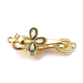 Brass Black Lip Shell Fold Over Clasps, with Micro Pave Cubic Zirconia, Flower, Real 18K Gold Plated, 35mm, clasp: 28x13x7mm, leaf: 11x5.5x1mm, hole: 1.2mm