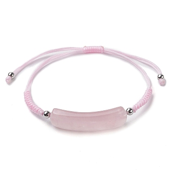 Curved Rectangle Natural Rose Quartz Adjustable Nylon Cord Braided Bead Bracelets for Women Men, Inner Diameter: 1-1/4~3-1/8 inch(3.2~8cm)