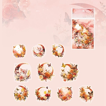 20Pcs 10 Styles Laser PET Waterproof Decorative Stickers, Self-adhesive Flower Moon Decals, for DIY Scrapbooking, Orange Red, Packing: 177x103mm, 2pcs/style