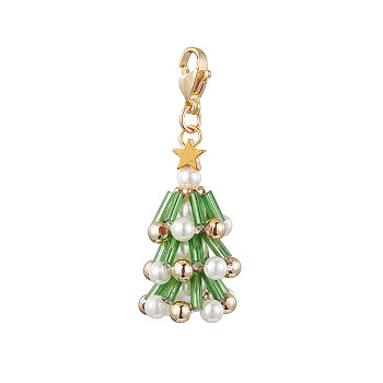 Christmas Tree Glass & Shell Pearl Pendant Decorations, Lobster Claw Clasps Charm for Bag Key Chain Ornaments, Green, 48mm