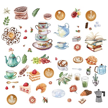 8 Sheets 8 Styles Coffee Theme PVC Waterproof Wall Stickers, Self-Adhesive Decals, for Window or Stairway Home Decoration, Rectangle, Food, 200x145mm, about 1 sheets/style