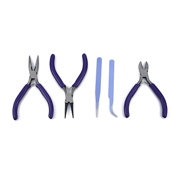 45# Steel Pliers & Tweezers Set, with Plastic Handles, including Side Cutter Pliers, Round Nose Plier, Needle Nose Wire Cutter Plier, Straight & Bent Tip Tweezers, Purple, 10.8~12.3x0.9~8x0.3~0.95cm, 5pcs/set